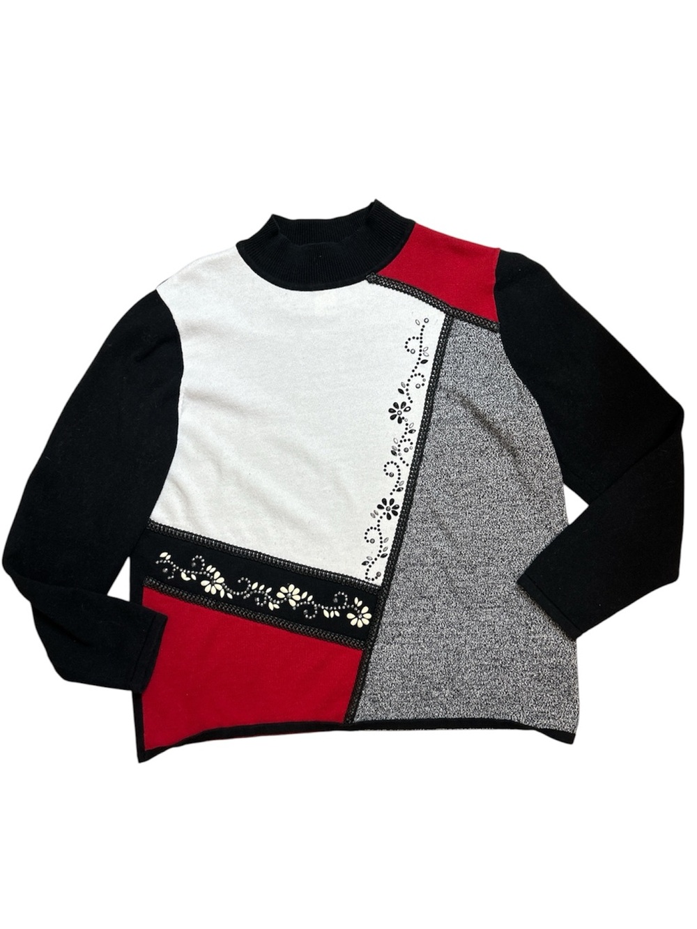 VTG Alfred Dunner Asymmetrical Embroidered Beaded Colorblock Mockneck Sweater S